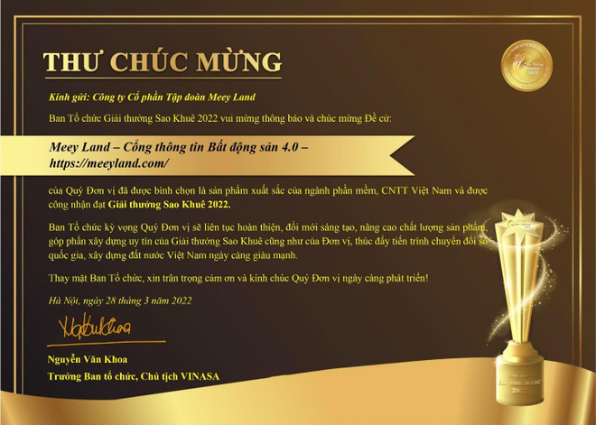 Tập đoàn Meey Land giành giải thưởng Sao Khuê năm 2022 ảnh 3
