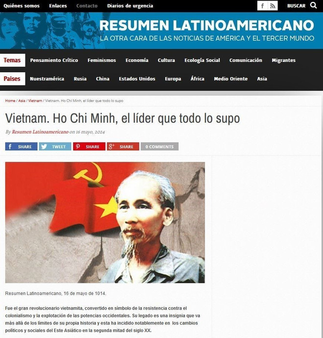 Ảnh chụp màn hình tờ Reporte Asia của Argentina đăng bài viết ca ngợi Chủ tịch Hồ Chí Minh, nhân kỷ niệm 134 năm ngày sinh của Người (Ảnh: Diệu Hương/TTXVN) TTXVN_1805ChutichHochiminh2.jpg