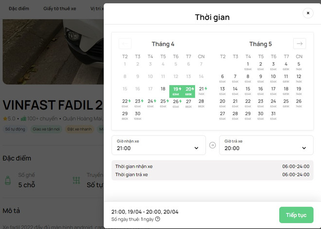 Giá thuê VinFast Fadil tại một ứng dụng thuê xe tăng gần gấp đôi trong dịp nghỉ lễ 30/4-1/5. (Ảnh chụp màn hình) thue xe 1.jpg
