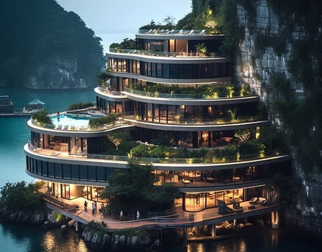 Hình ảnh giả mạo về phối cảnh 3D khách sạn trên Vịnh Hạ Long lan truyền trên mạng xã hội. (Nguồn: Facebook) Không có khách sạn hạng sang nào được xây trên Vịnh Hạ Long ảnh 1