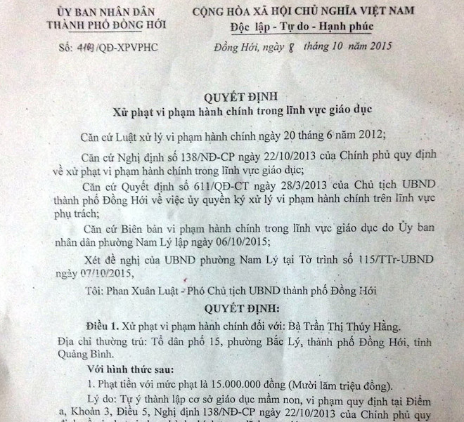 Khởi tố 2 giáo viên mầm non trói chân tay bé trai ở Quảng Bình ảnh 1