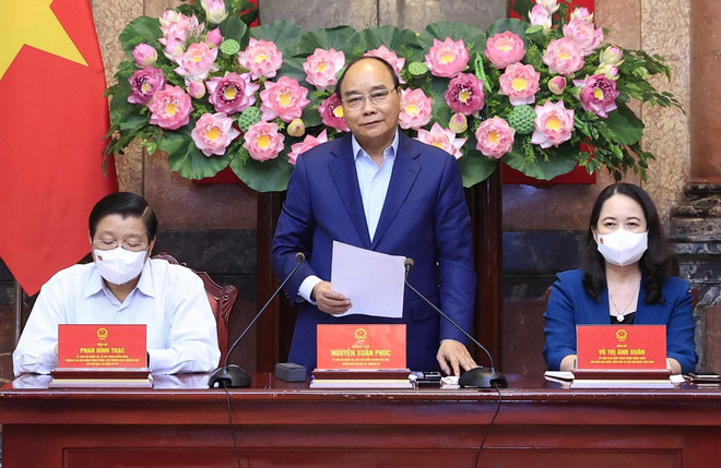Chủ tịch nước Nguyễn Xuân Phúc phát biểu. (Ảnh: Thống Nhất/TTXVN) Bảo đảm tiến độ các dự thảo của Đề án xây dựng Nhà nước pháp quyền ảnh 1