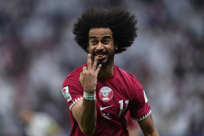 Afif lập hat-trick trong trận chung kết Asian Cup 2023. (Ảnh: THX/TTXVN) ttxvn_qatar_vo_dich_asian_cup_2023_3.jpg