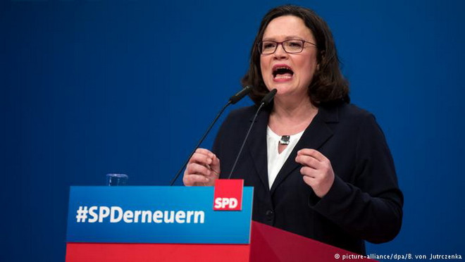 Nữ chủ tịch SPD Andrea Nahles. (Nguồn: DPA) Đức: Bà Andrea Nahles làm nữ chủ tịch đầu tiên của đảng SPD ảnh 1