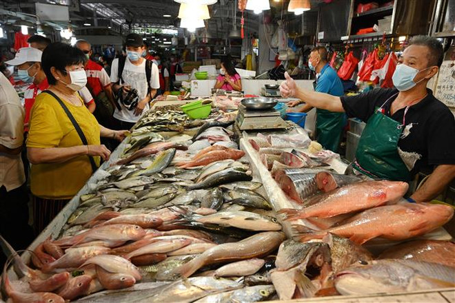 Người tiêu dùng mua sắm tại khu chợ ở Singapore. (Ảnh: AFP/TTXVN) Singapore: Lạm phát cơ bản bắt đầu hạ nhiệt sau nhiều tháng đạt đỉnh ảnh 1
