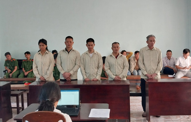 Năm bị cáo tại phiên tòa xét xử sơ thẩm. (Ảnh: TTXVN phát) Gia Lai: Xử 5 đối tượng tổ chức cho người khác đi nước ngoài trái phép ảnh 1