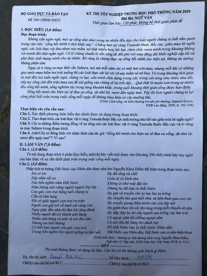 Đề thi chính thức môn Ngữ văn, kỳ thi Tốt nghiệp THPT 2020 ảnh 2