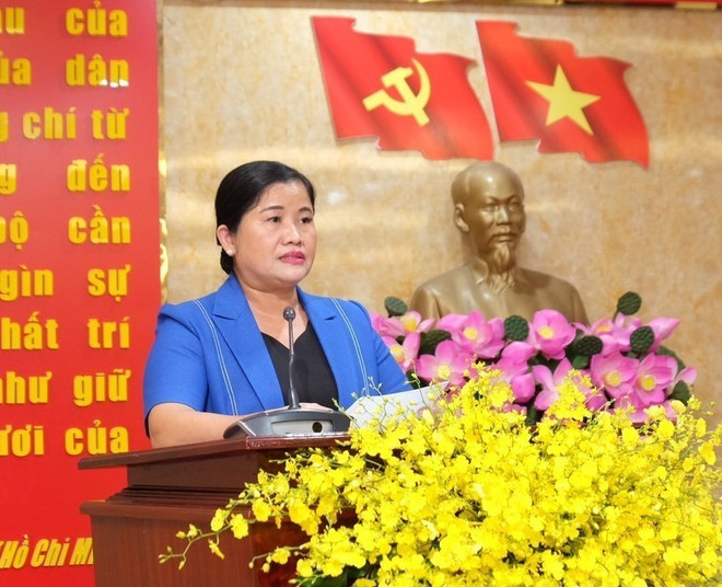 Chủ tịch UBND tỉnh Bình Phước Trần Tuệ Hiền phát biểu tại buổi làm việc. (Ảnh: Sỹ Tuyên/TTXVN) Phó Thủ tướng: Bình Phước cần đẩy nhanh giải ngân vốn đầu tư công ảnh 3