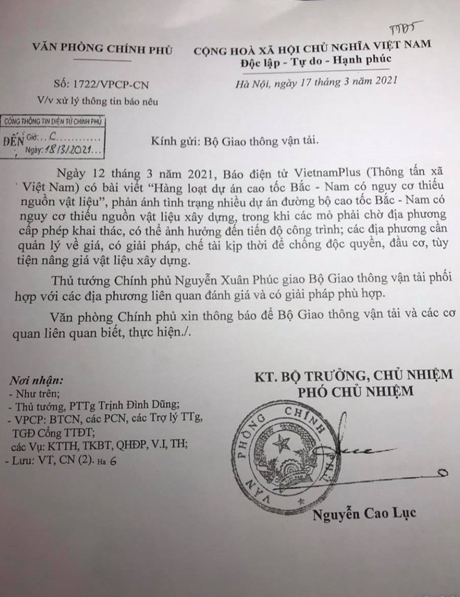 Công văn từ Văn phòng Chính phủ Thủ tướng chỉ đạo xử lý vấn đề thiếu nguồn vật liệu xây dựng cao tốc ảnh 1