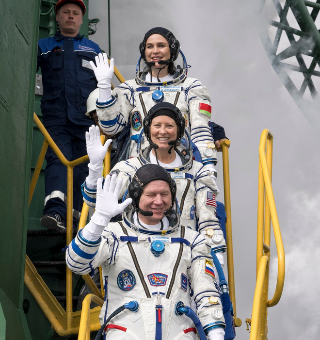 Các phi hành gia được tàu vũ trụ Soyuz của Nga đưa lên Trạm Vũ trụ Quốc tế (ISS) từ sân bay vũ trụ Baikonur ở Kazakhstan ngày 23/3/2024. (Ảnh: AFP/TTXVN) ttxvn_soyuz.jpg