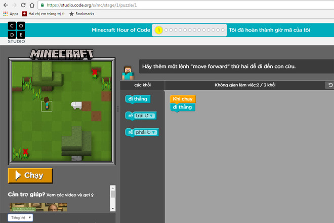 Phiên bản trợ giúp tại địa chỉ http://code.org/minecraft, có tiếng Việt. (Ảnh chụp màn hình) Công bố công cụ miễn phí giúp trẻ em trên 6 tuổi học lập trình ảnh 1