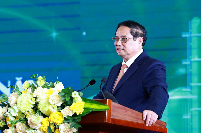 Thủ tướng Phạm Minh Chính phát biểu tại dự Lễ kỷ niệm 55 năm Ngày truyền thống ngành Hóa chất Việt Nam. (Ảnh: Dương Giang/TTXVN) TTXVN_2208Thutuong7.jpg