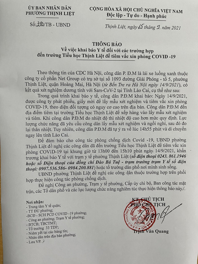 Hà Nội: Một tài xế F0 tới điểm tiêm vaccine, phường ra thông báo khẩn ảnh 2