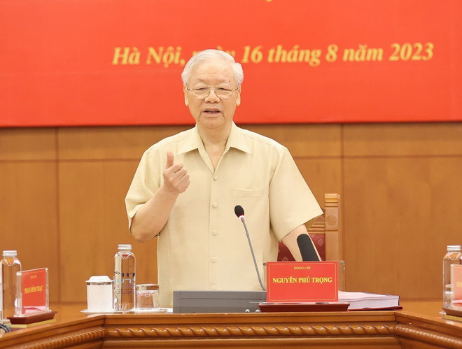 Tổng Bí thư Nguyễn Phú Trọng phát biểu kết luận Phiên họp thứ 24 Ban Chỉ đạo Trung ương về phòng, chống tham nhũng, tiêu cực. (Ảnh: Trí Dũng/TTXVN) TTXVN_1505Tongbithu4.jpg