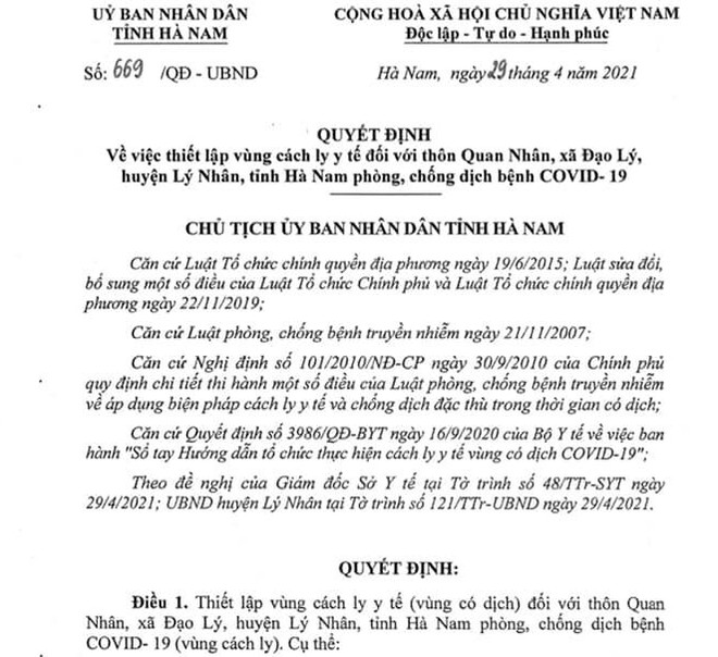 Hà Nam cách ly y tế toàn bộ khu vực có chùm ca bệnh COVID-19 ảnh 1