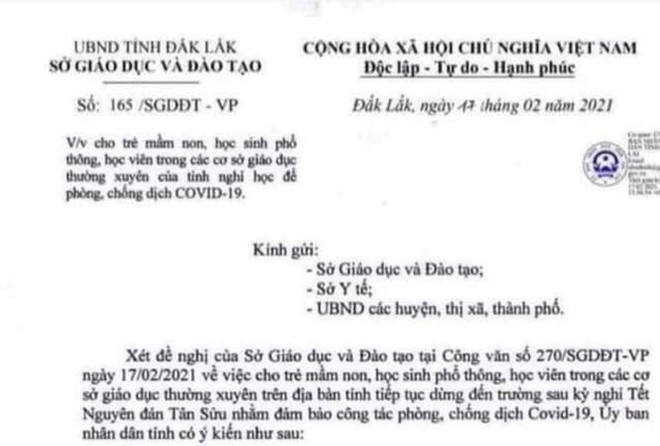 Văn bản giả mạo về việc cho học sinh nghỉ học. (Ảnh: tienphong.vn) Đắk Lắk: Xác minh đối tượng giả mạo văn bản cho học sinh nghỉ học ảnh 1