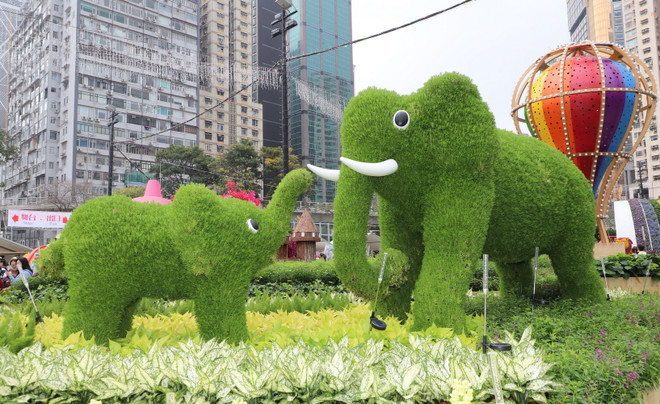 Hình tượng hai mẹ con voi tại triển lãm. (Ảnh: Xuân Vịnh/TTXVN) trien lam hoa hong kong2.jpg