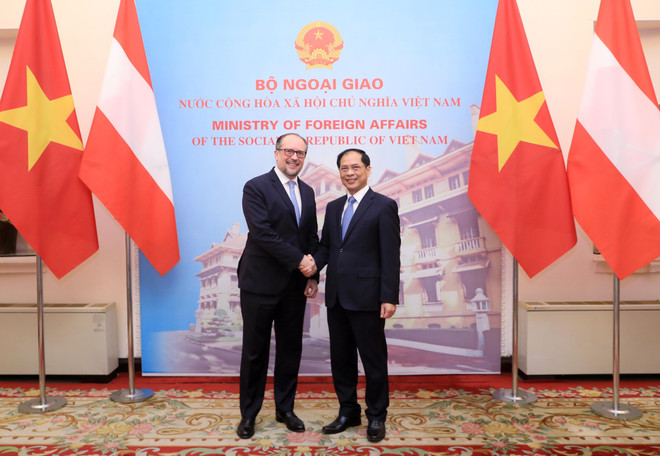 Bộ trưởng Ngoại giao Bùi Thanh Sơn với Bộ trưởng Ngoại giao Cộng hòa Áo Alexander Schallenberg. (Ảnh: Lâm Khánh/TTXVN) Tăng cường Quan hệ Hữu nghị và Hợp tác Việt Nam-Cộng hòa Áo ảnh 1