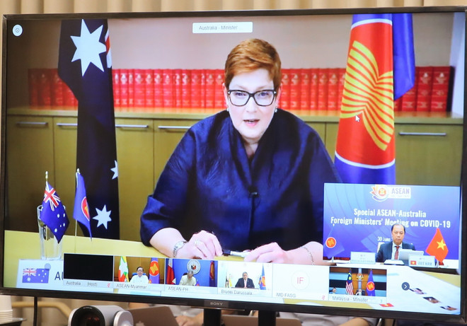 Bộ trưởng Ngoại giao Australia Marise Payne phát biểu. (Ảnh: Doãn Tấn/TTXVN) Hội nghị Bộ trưởng ASEAN-Australia Đặc biệt về COVID-19 ảnh 1