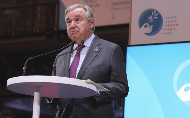 Tổng thư ký Liên hợp quốc Antonio Guterres phát biểu tại Diễn đàn hòa bình Paris ở Paris, Pháp. (Nguồn: news.un.org) Diễn đàn hòa bình Paris thúc đẩy các giải pháp quản trị toàn cầu ảnh 1