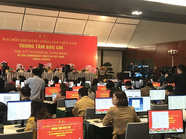 Trung tâm báo chí phục vụ Đại hội đại biểu toàn quốc lần thứ XIII của Đảng. (Ảnh: Xuân Quảng/Vietnam+) Phát huy lợi thế chuyển đổi số trong công tác thông tin đối ngoại ảnh 1