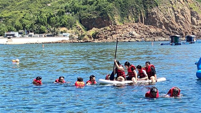 Du khách trực tiếp lặn ngắm rạn san hô dù phương án quản lý là khuyến khích sử dụng thảm bè nổi, thúng đáy kính chèo tay để bảo vệ rạn san hô. (Ảnh: Tường Quân/TTXVN) Bình Định: Chấn chỉnh các nhà hàng bè nổi hoạt động tự phát ở Hòn Khô ảnh 3