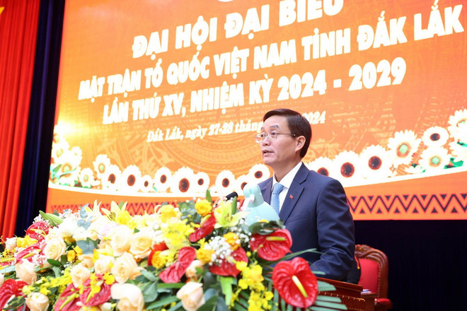 Bí thư Tỉnh ủy Đắk Lắk Nguyễn Đình Trung phát biểu tại Đại hội. (Ảnh: Hoài Thu/TTXVN) ttxvn dai_hoi_dai_bieu_mttq_viet_nam_tinh_dak_lak_lan_thu_xv_nhiem_ky_2024_-_2029.jpg
