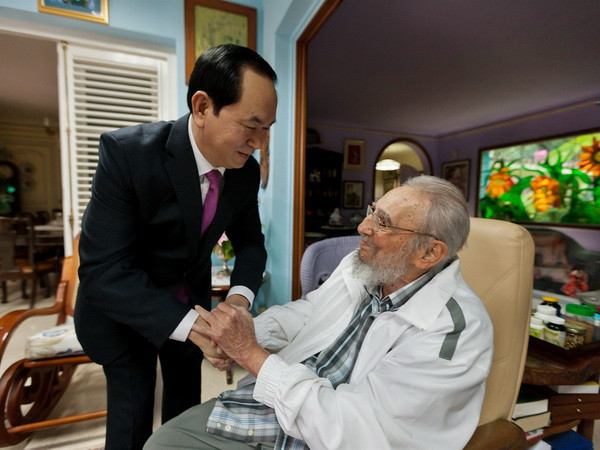 Chủ tịch nước Trần Đại Quang hội kiến Lãnh tụ cách mạng Cuba Fidel Castro. (Ảnh: EPA/TTXVN) Chủ tịch nước Trần Đại Quang gửi điện cảm ơn Chủ tịch Cuba Raul Castro ảnh 1