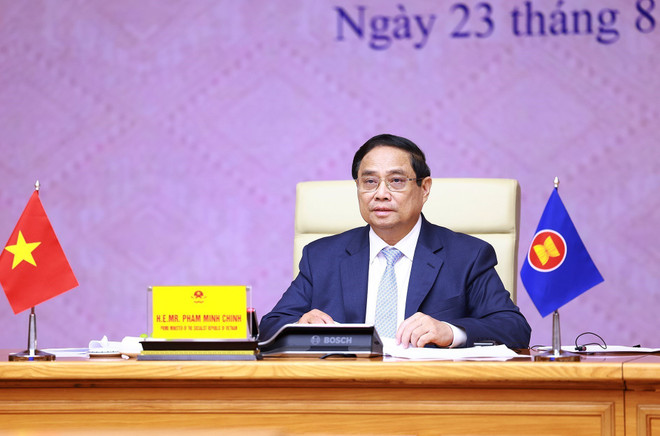 Thủ tướng Phạm Minh Chính phát biểu trực tuyến tại Hội nghị Thượng đỉnh Lãnh đạo nữ ASEAN lần thứ ba. (Ảnh: Dương Giang/TTXVN) ttxvn_thu_tuong_phat_bieu_truc_tuyen_tai_hoi_nghi_thuong_dinh_lanh_dao_nu_asean_lan_thu_ba_2.jpg