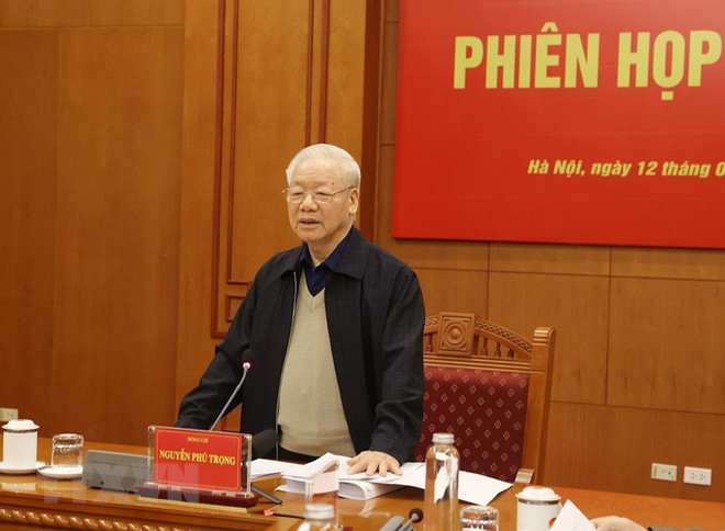 Tổng Bí thư Nguyễn Phú Trọng phát biểu chỉ đạo cuộc họp. (Ảnh: Trí Dũng/TTXVN) Phiên họp thứ 23 của Ban Chỉ đạo Trung ương về phòng, chống tham nhũng ảnh 3