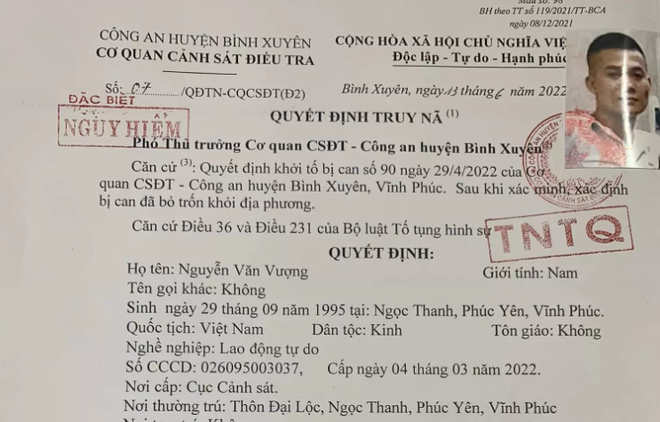 Vĩnh Phúc: Truy nã đối tượng giết người, bỏ trốn khỏi nơi cư trú ảnh 1