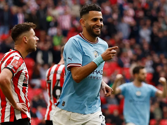 Riyad Mahrez tỏa sáng đưa Man City vào chung kết FA Cup. (Nguồn: Getty Images) Đánh bại Sheffield, Man City chờ Manchester United ở chung kết FA ảnh 1