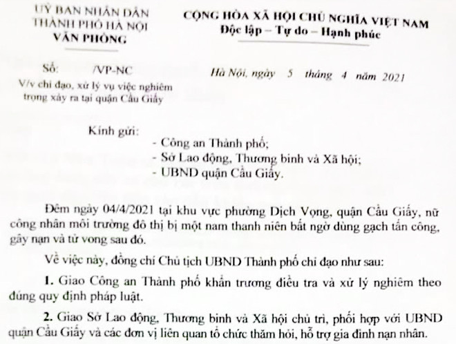 Chủ tịch UBND Hà Nội yêu cầu xử nghiêm kẻ sát hại công nhân môi trường ảnh 1
