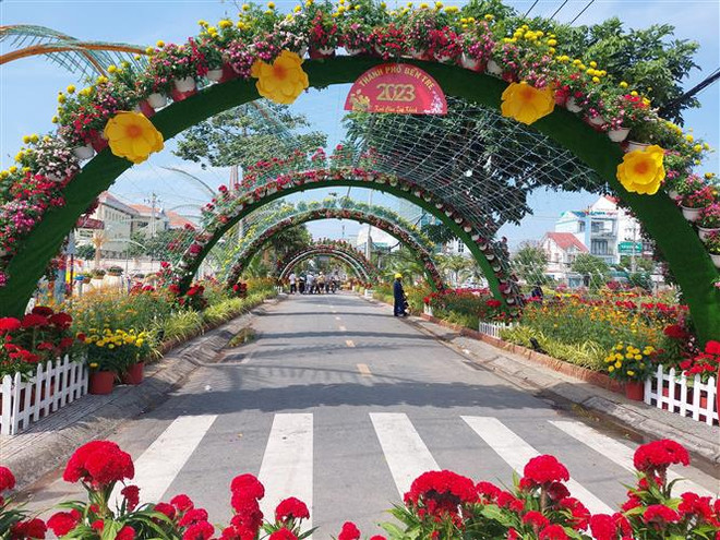 Đường 3 tháng 2, thành phố Bến Tre được trang trí trang hoàng rực rỡ. (Ảnh: Chương Đài/TTXVN) Lượng khách du lịch đến Bến Tre tăng trong dịp Tết Quý Mão ảnh 1