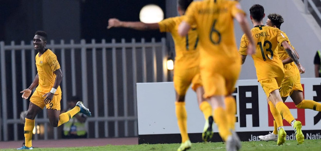 Niềm vui của Australia sau khi Al Hassan Toure lập công. (Nguồn: AFC) U23 Australia vào bán kết sau 120 phút thi đấu căng thẳng ảnh 1