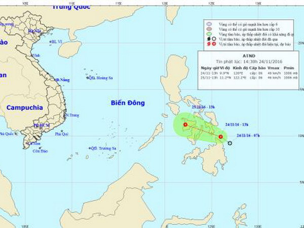 Hình ảnh vị trí và đường đi của áp thấp nhiệt đới. (Nguồn: nchmf.gov.vn) Xuất hiện áp thấp nhiệt đới trên vùng biển miền Nam Philippines ảnh 1