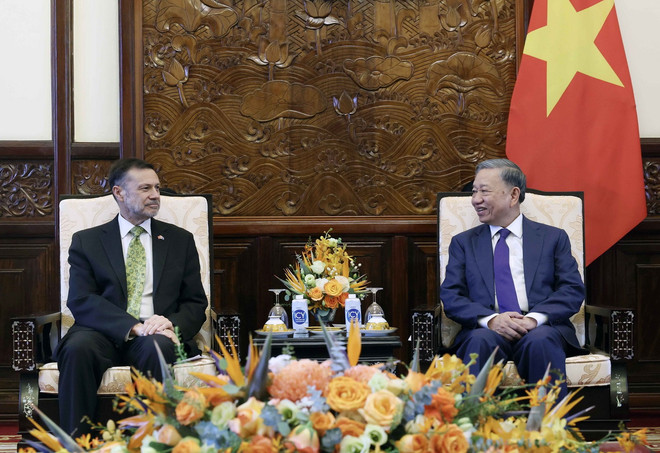 Chủ tịch nước Tô Lâm tiếp Đại sứ Australia tại Việt Nam Andrew Goledzinowski. (Ảnh: Nhan Sáng/TTXVN) ttxvn_to lam Andrew Goledzinowski (2).jpg