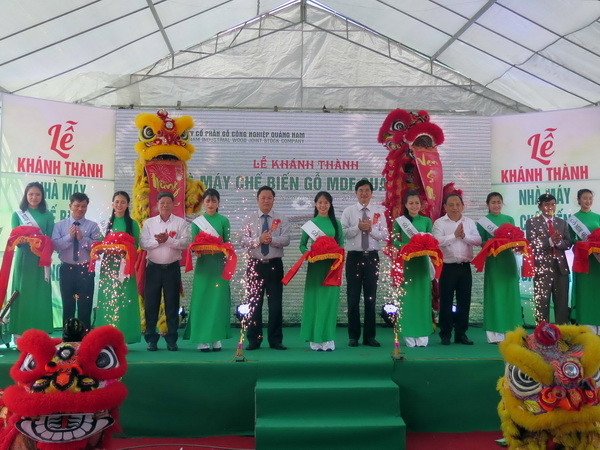 Các đại biểu cắt băng khánh thành Nhà máy. (Ảnh: Đỗ Trưởng/TTXVN) Đưa vào hoạt động Nhà máy chế biến gỗ lớn nhất miền Trung-Tây Nguyên ảnh 1