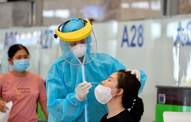 Lấy mẫu xét nghiệm COVID-19 nhanh với hành khách bay. (Ảnh: CTV/Vietnam+) Mẫu test nhanh cho khách nhập cảnh phải có 2 ngôn ngữ Việt-Anh ảnh 1