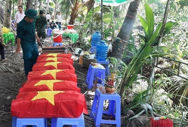 Sau ba ngày tìm kiếm, lực lượng chức năng đã cất bốc, quy tập được 49 bộ hài cốt liệt sỹ tại ấp Bình Phú, xã Châu Bình, huyện Giồng Trôm, tỉnh Bến Tre. (Ảnh: Đặng Thạch/TTXVN phát) Bến Tre: Cất bốc, quy tập 121 bộ hài cốt liệt sỹ tại Giồng Trôm ảnh 1