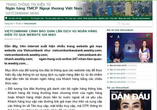Cảnh báo của Vietcombank về các website giả mạo. (Nguồn: Vietnam+) Cảnh báo thủ đoạn lừa đảo thông qua website giả mạo ảnh 1