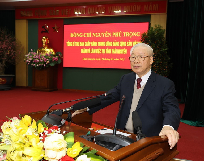 Tổng Bí thư Nguyễn Phú Trọng phát biểu tại buổi làm việc với Ban Thường vụ và lãnh đạo tỉnh Thái Nguyên. (Ảnh: Trí Dũng/TTXVN) Tổng Bí thư yêu cầu chăm lo tốt hơn gia đình chính sách, người có công ảnh 1