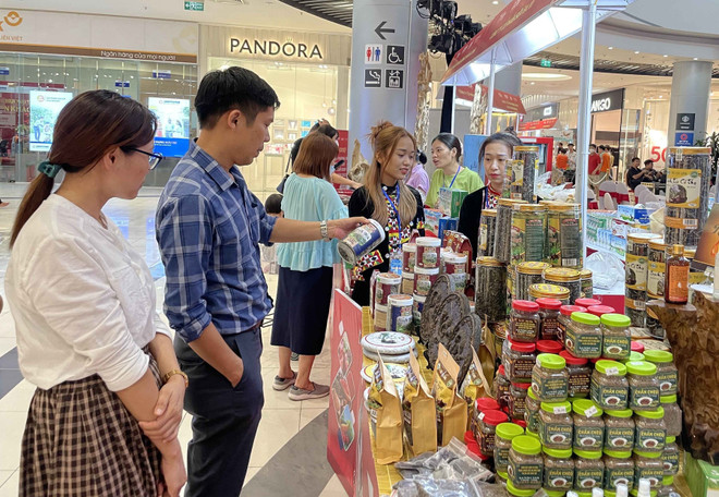Khách tham quan mua sắm tại hội chợ xúc tiến thương mại nông nghiệp, sản phẩm OCOP Hà Nội 2023. (Ảnh: Trần Việt/TTXVN) ttxvn-0712ocop3-3328.jpg