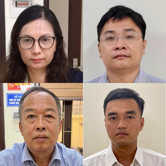 Từ trên xuống dưới, từ trái sang, các bị can: Nguyễn Mai Anh, Ngô Quang Tuấn, Trần Văn Dự, Vũ Sỹ Cường. (Nguồn: nld.com.vn) Khởi tố nguyên Phó Cục trưởng Cục Quản lý Xuất Nhập cảnh và 5 bị can ảnh 1