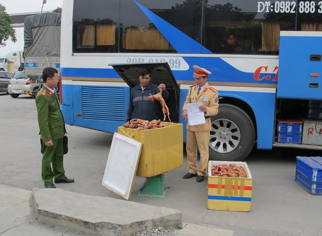 Lực lượng chức năng thu giữ số thịt mèo vận chuyển trái phép. (Ảnh: Ninh Đức Phương/TTXVN) Bắt xe khách chở 170kg thịt mèo đã qua sơ chế không rõ nguồn gốc ảnh 1
