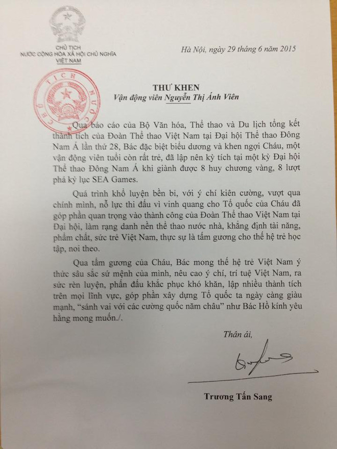 Chủ tịch nước gửi thư khen vận động viên Nguyễn Thị Ánh Viên ảnh 2