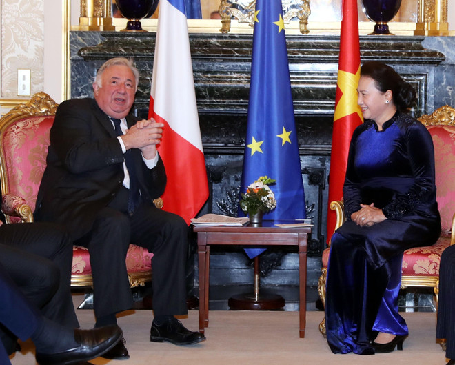 Chủ tịch Quốc hội Nguyễn Thị Kim Ngân hội kiến Chủ tịch Thượng viện CH Pháp Gerard Larcher. (Ảnh: Trọng Đức/TTXVN) Việt Nam coi Pháp là đối tác ưu tiên trong quan hệ hợp tác với châu Âu ảnh 1