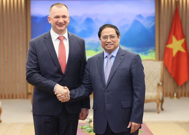 Thủ tướng Phạm Minh Chính tiếp Bộ trưởng Bộ Nội vụ Belarus Ivan Kubrakov. (Ảnh: Dương Giang/TTXVN) Thủ tướng Phạm Minh Chính tiếp Bộ trưởng Bộ Nội vụ Belarus ảnh 1