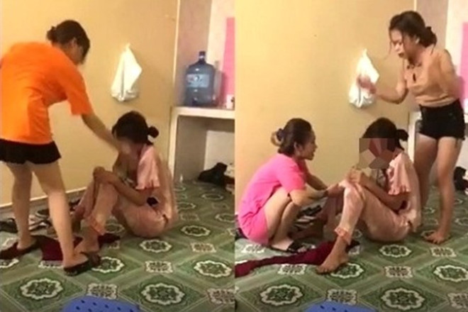 Nhóm đối tượng hành hung dã man V.T.H.T, quay clip đăng lên mạng xã hội. Ảnh cắt từ clip. (Nguồn: laodong.vn) Thái Bình: Thiếu nữ 15 tuổi bị bắt nhốt, đánh hội đồng và quay clip ảnh 1