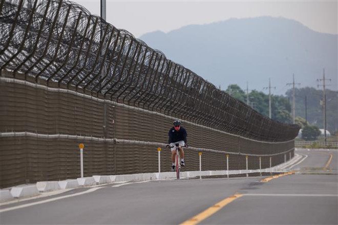 Hàng rào biên giới liên Triều tại đảo Gyodong, Hàn Quốc ngày 18/6/2020. (Ảnh: AFP/TTXVN) Một người Hàn Quốc bị bắt khi tìm cách vượt biên sang Triều Tiên ảnh 1